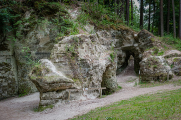 Natural sandstone arch. View of the Little Hell, Latvia. Landscape.  Soft focus.