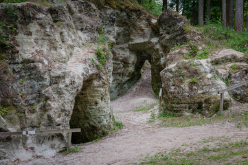 Natural sandstone arch. View of the Little Hell, Latvia. Landscape.  Soft focus.