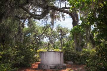 Cemetery grave headstone without writing in a classic, mysterious and hauntingly beautiful southern United States setting.