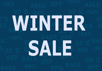 Blue background with different discount percentages and  promotional text winter sale.