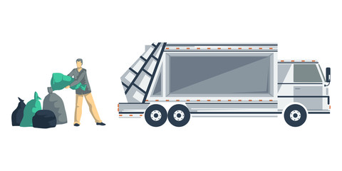 Garbage man loading trash bags to the garbage truck. Isolated objects on white background. Garbage recycling concept. Vector illustration 