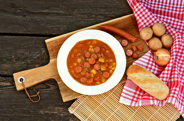 Potato goulash with Debreziner sausage or German name is Kartoffelgulasch mit Debreziner