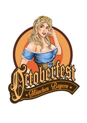 Pretty Bavarian girl. Oktoberfest label ghotic lettering. Ribbon banner.