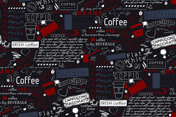 Lettrage de texte de fond de termes de café et de café. Motif et texture vectorielle continue