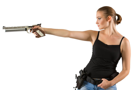 Young Beautiful Woman Holding A Sport Gun On White Background