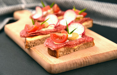 Rye bread with Salami and alot vegetable (German name is belegtes Brot)