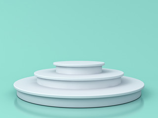 Blank white podium isolated on blue green pastel color background with reflections and shadows 3D rendering