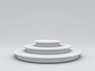 Blank white podium isolated on grey background with shadow 3D rendering