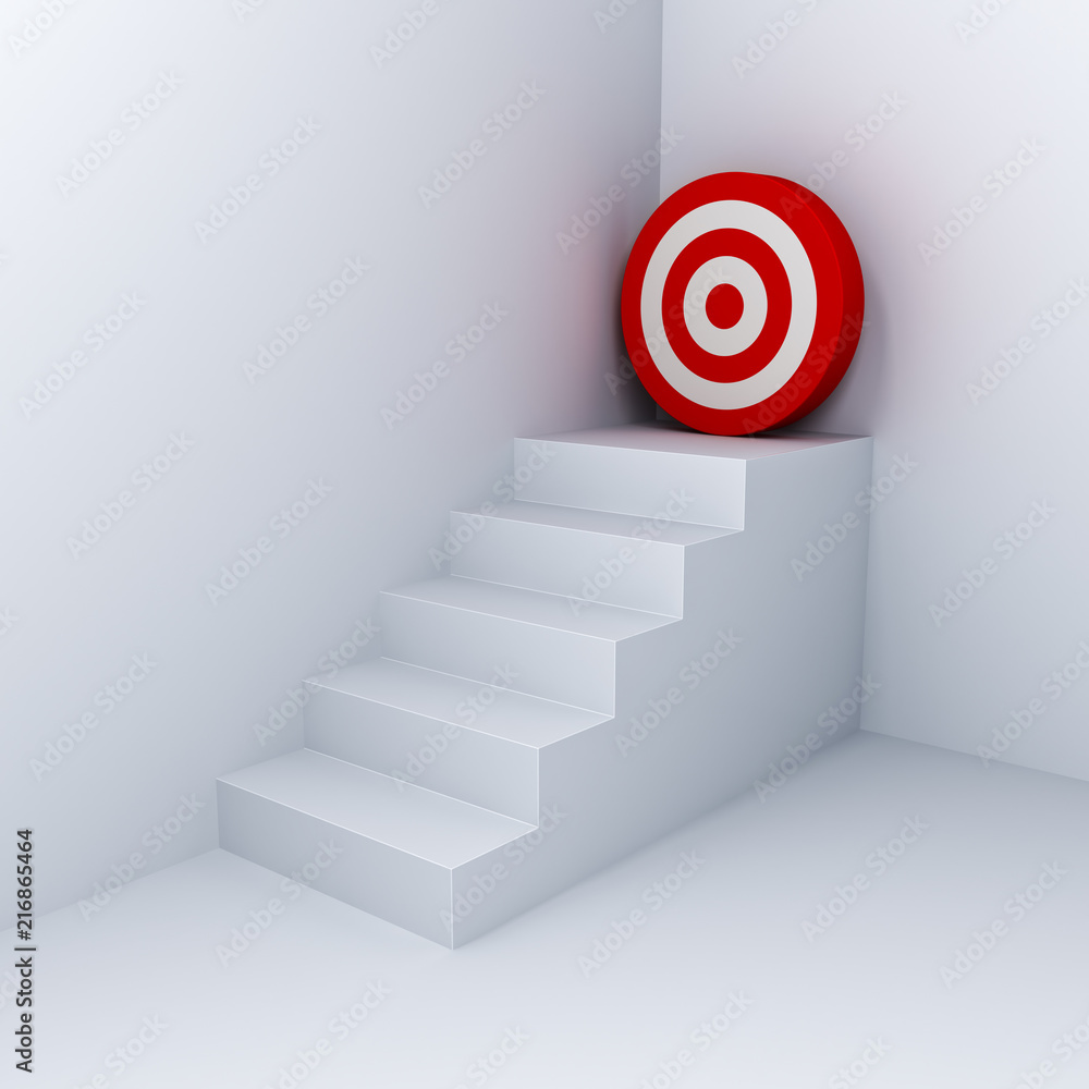 Leinwandbilder Goal target the business concept white stairs aim to red dart board in the corner on white wall background with shadow 3D rendering