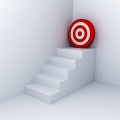 Goal target the business concept white stairs aim to red dart board in the corner on white wall background with shadow 3D rendering
