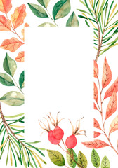 Fototapeta na wymiar Hand drawn watercolor illustration. Frame with fall leaves, spruce branch and berries. Forest design elements. Hello Autumn! Perfect for seasonal advertisement, invitations, cards