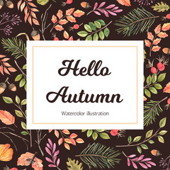 Hand drawn watercolor pattern. Background with Fall leaves. Forest design elements. Hello Autumn! Perfect for seasonal packing, wrapping paper, textile