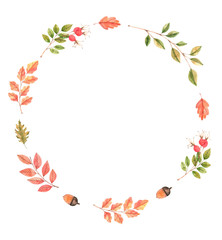Hand drawn watercolor illustration. Wreath with fall leaves, acorns and berries. Forest design elements. Hello Autumn! Perfect for seasonal advertisement, invitations, cards
