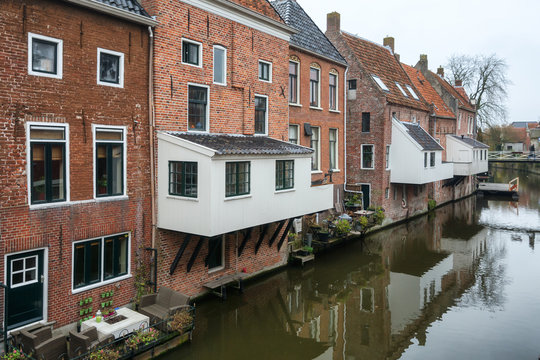 The famous hanging kitchens above the canal Damsterdiep in the Dutch village Appingedam