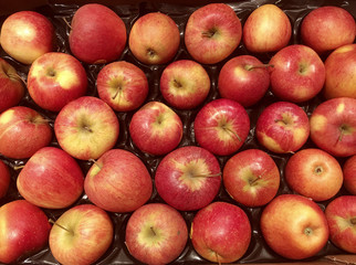 Apples on the shelves for sale in the supermarket.