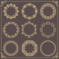 Vintage set of vector round elements. Different elements for design frames, cards, menus, backgrounds and monograms. Classic patterns. Set of vintage golden patterns