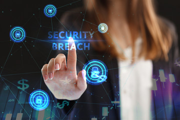 The concept of business, technology, the Internet and the network. A young entrepreneur working on a virtual screen of the future and sees the inscription: Security breach