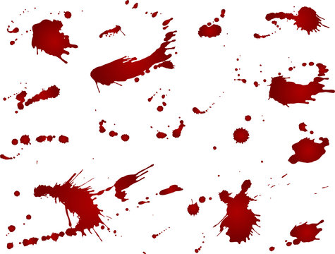 Messy blood blot collection, red drops on white background. Vector illustration, maniac style, isolated. Big splashes