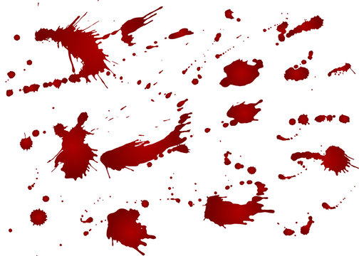 Messy blood blot, red drops on white background. Vector illustration, maniac style. Big splashes