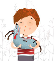 Cute little kid with funny dog cub cartoon. Vector illustration.