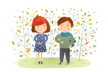 Young kids and fall nature cartoon. Vector illustration.