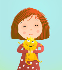 Cute little kid with guinea pig pet. Vector illustration.