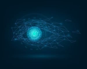 Glowing eye, robot eye, biometric recognition concept, technology, computer vision and security