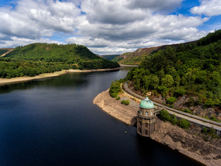 Fototapeta premium Elan valley reservoirs in a dry and very hot summer time in the welsh countryside