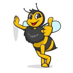 Cheerful bee shows thumb up, wasp, honey
