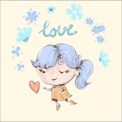 Hand drawn beautiful cute girl in a wreath of flowers and heart. Vector illustration.