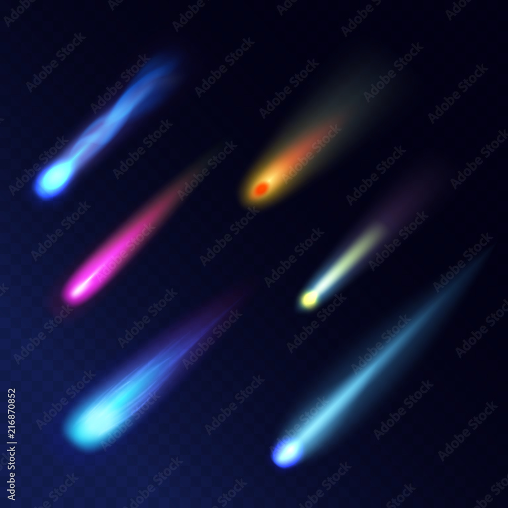 Poster realistic detailed 3d meteorites comets different colors light effect set. vector