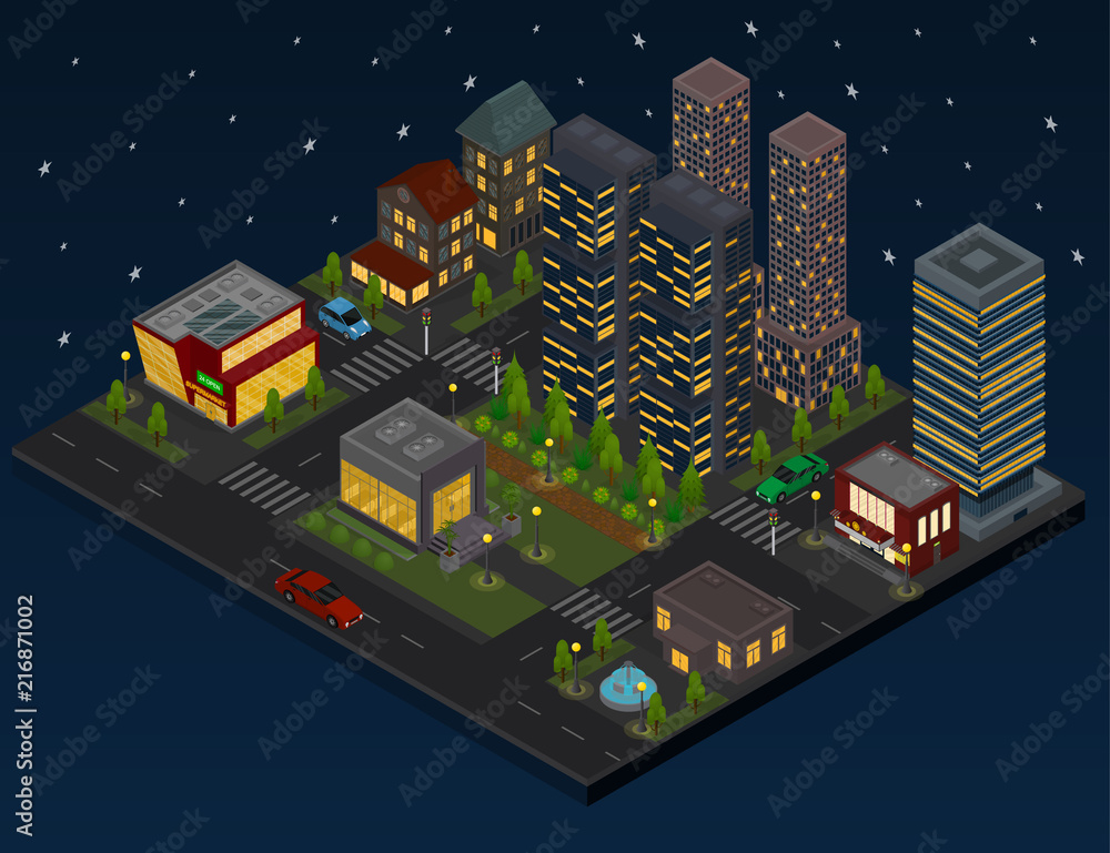 Sticker Night City District Panorama Outdoor Scene Concept 3d Isometric View. Vector