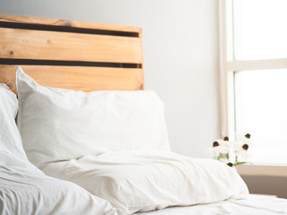 Minimal loft style wooden headboard bed decoration.