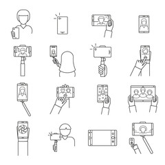 Selfie Photo Signs Black Thin Line Icon Set. Vector