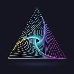 Neon triangle with a spiral, logo on a black background