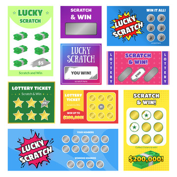 Cartoon Scratch Cards Different Types Set. Vector