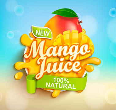 Fresh and natural Mango juice with mango slices in juice splash. Perfect for retail marketing promotion and advertising. Vector illustration.
