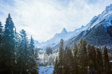 Dombay ski resort in sunny winter morning