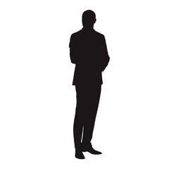 Businessman standing in suit, isolated vector silhouette. People at work