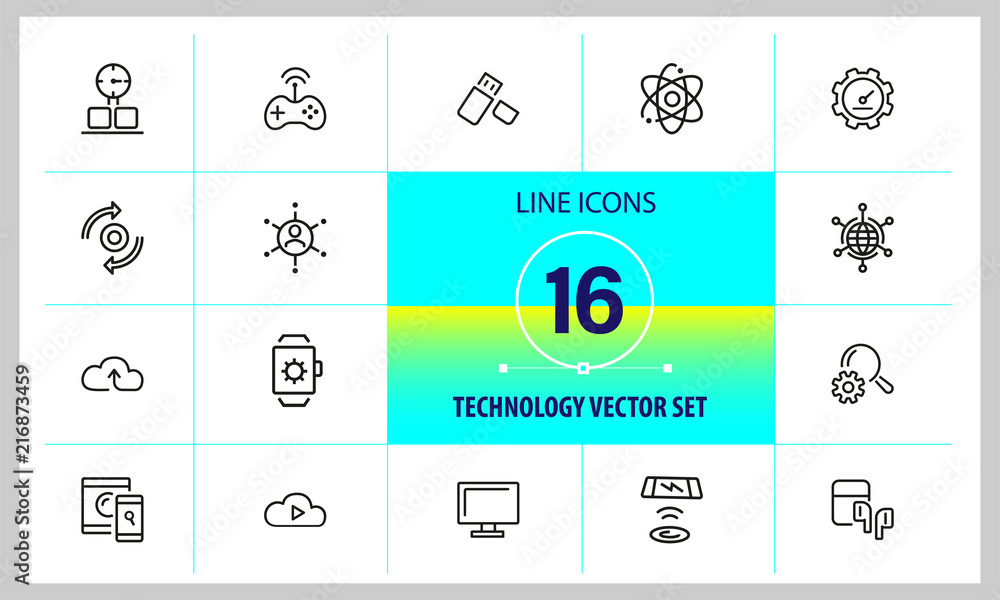 Poster technology icons. set of line icons. smartwatch, wireless game controller, cloud storage. modern tec