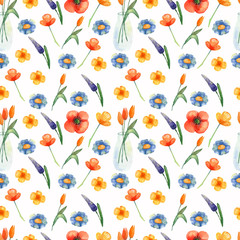 Watercolor seamless pattern with meadow flowers