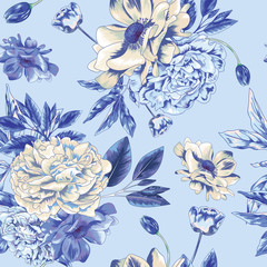 Bright Blue Seamless Botanical Vector Pattern