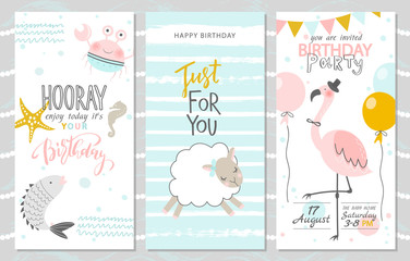 Set of birthday greeting cards and party invitation templates with cute fish, crab, lamb and pink flamingos. Vector illustration