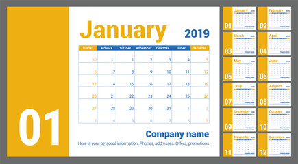 2019 calendar. English calender. Yellow color vector template. Week starts on Sunday. Business planning. New year planner. Clean minimal table. Simple design
