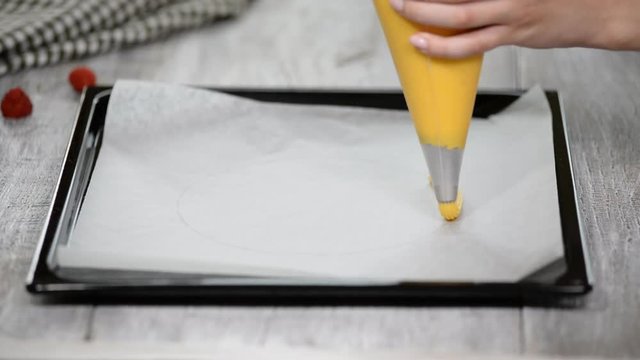 Eclair rings baking process. Making Paris Brest