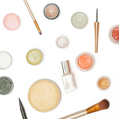 Top view of decorative cosmetics and brushes collection