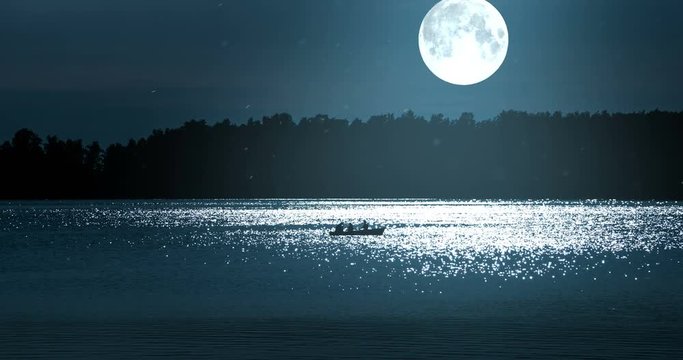 Boat with Fishermen in Full Moon. A boat in the distance floats along the sparkling moonlit against the backdrop of a big moon, a dark forest and a starry sky