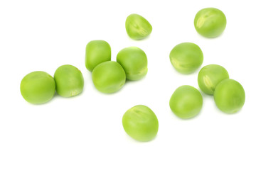 fresh green peas isolated on white background. top view