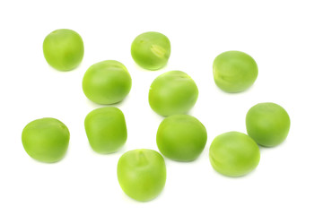 fresh green peas isolated on white background. top view
