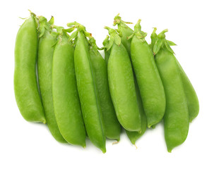 fresh green peas isolated on white background. top view